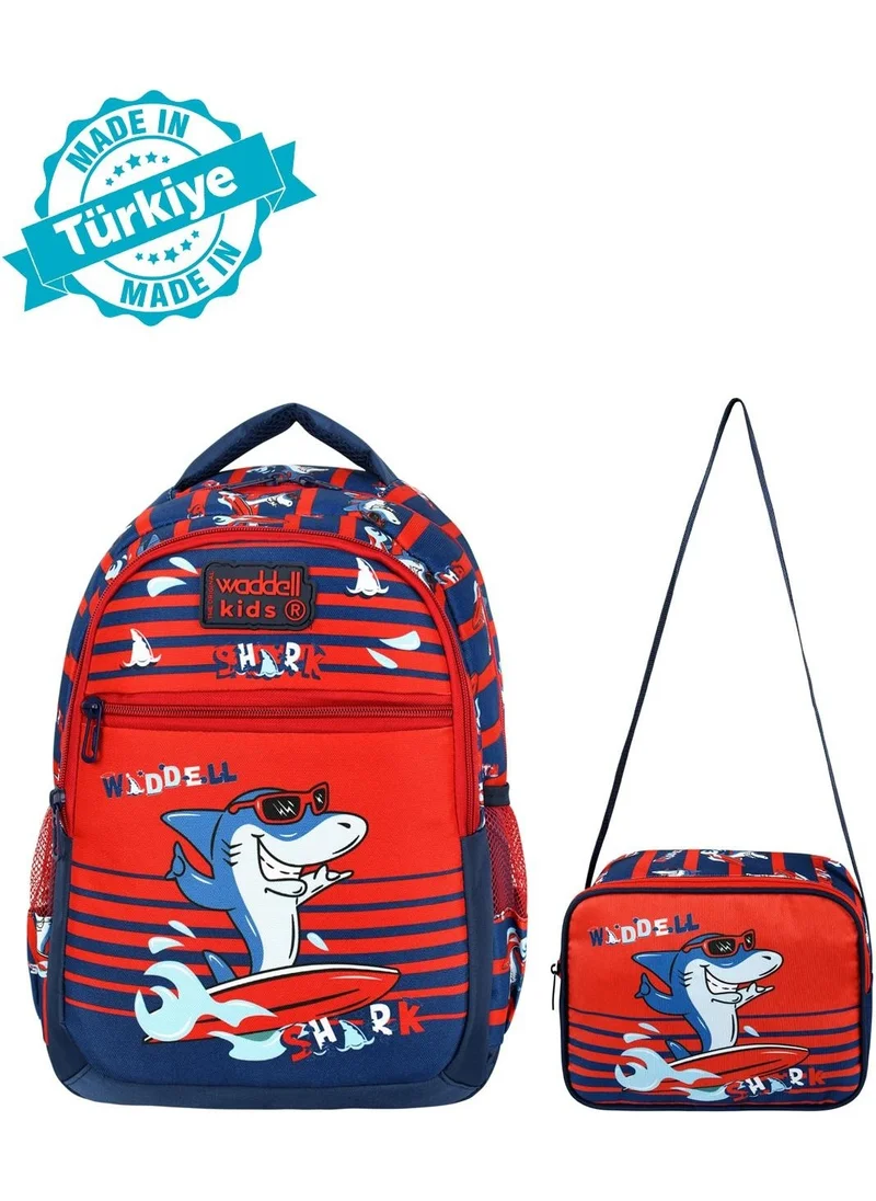 واديل Licensed Navy Blue Red Shark Patterned Boys Primary School Backpack and Lunch Bag