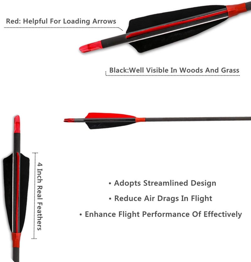 Letszhu Carbon Archery Arrows 500 Spine with Real Feathers for Compound Recurve Bow (12 Pack) - Image 4