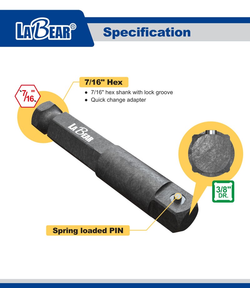 LABEAR- 3/8" Square Ext, 7/16" Hex, 3/8-Inch male square, works with a 7/16-Inch impact driver - Image 3