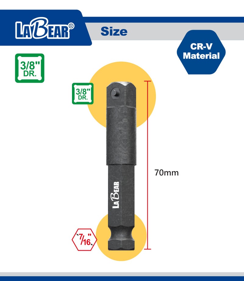LABEAR- 3/8" Square Ext, 7/16" Hex, 3/8-Inch male square, works with a 7/16-Inch impact driver - Image 2