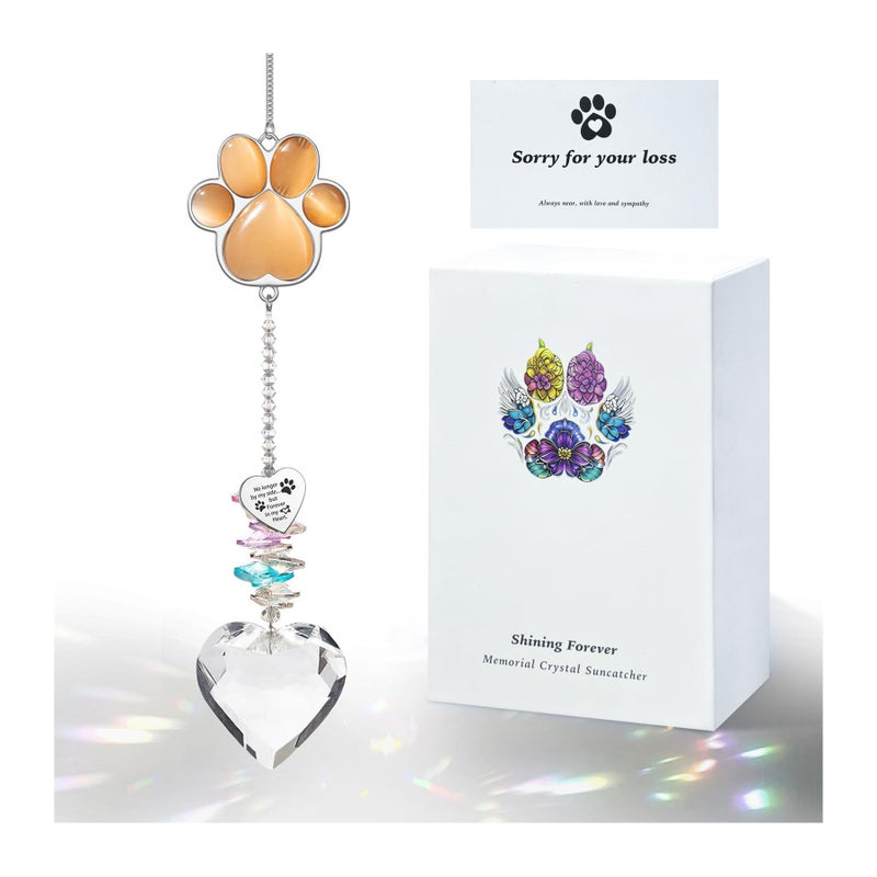 AMETHUARTZ Pet Memorial Suncatcher - Dog Memorial Gifts, Pet Loss Sympathy, Thoughtful Dogs and Cats Bereavement Remembrance Gifts, Natural Cat's Eye Paw Crystal Suncatcher(Orange Red) - Image 1