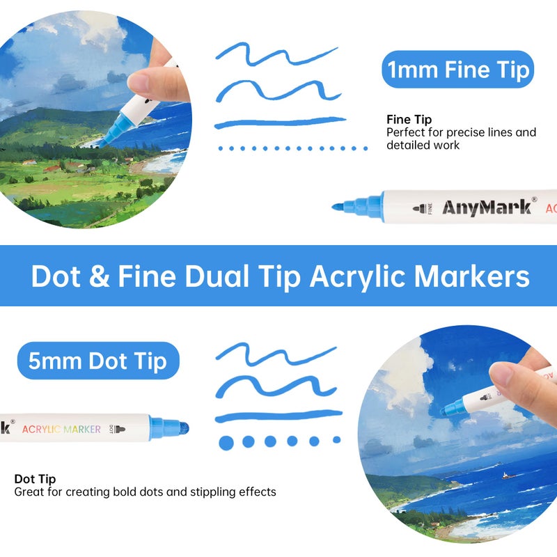 AnyMark 24 Colors Acrylic Paint Markers, Dual Tip Acrylic Paint Pens with Dot & Fine Tip, Premium Paint Markers for Coloring, Canvas, wood, Stone, Rock Painting, Glass - Image 2