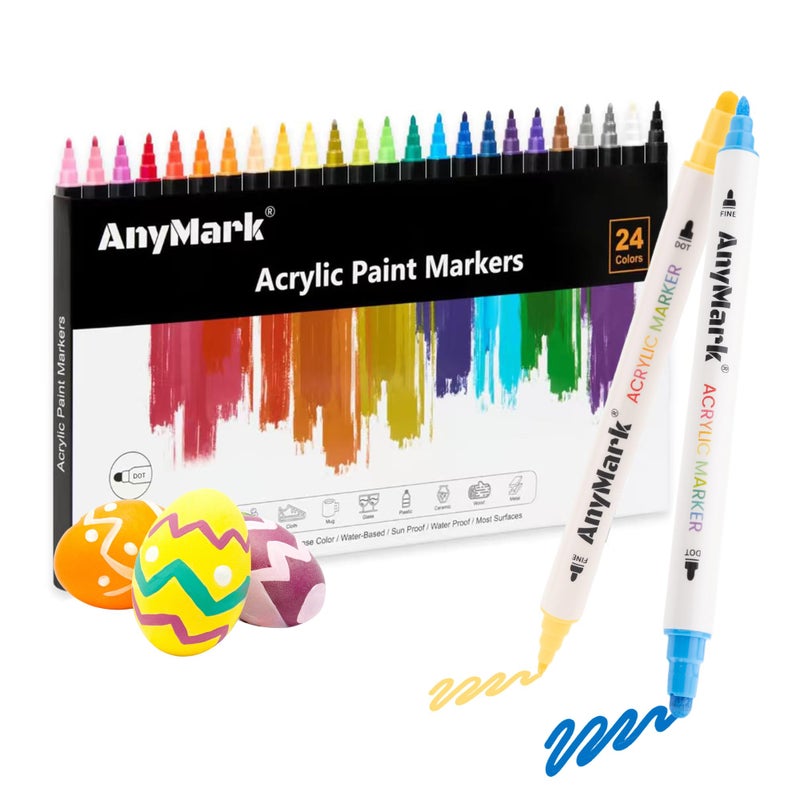 AnyMark 24 Colors Acrylic Paint Markers, Dual Tip Acrylic Paint Pens with Dot & Fine Tip, Premium Paint Markers for Coloring, Canvas, wood, Stone, Rock Painting, Glass - Image 1