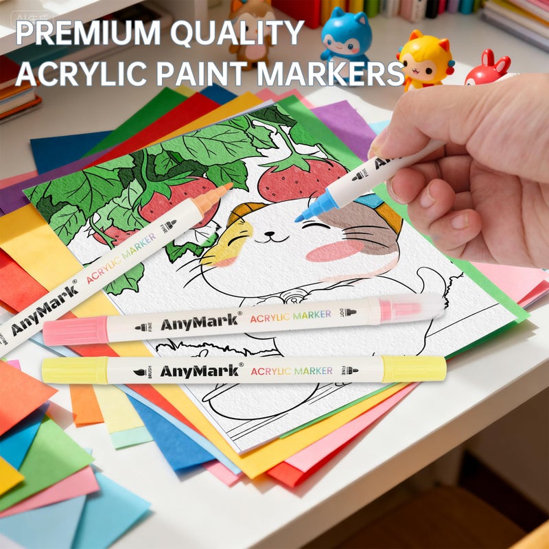 AnyMark 24 Colors Acrylic Paint Markers, Dual Tip Acrylic Paint Pens with Dot & Fine Tip, Premium Paint Markers for Coloring, Canvas, wood, Stone, Rock Painting, Glass - Image 4