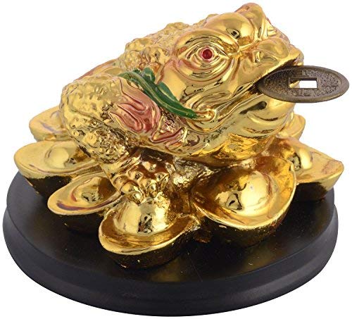 RIPE INDIA RIPE INDIA Feng Shui Money Frog Legged Toad Hold Two Ignots On A Pile of Money for Wealth Luck Legged Money Frog On Bed of Ingots Showpiece Color Golden - Image 3