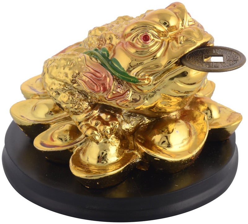 RIPE INDIA RIPE INDIA Feng Shui Money Frog Legged Toad Hold Two Ignots On A Pile of Money for Wealth Luck Legged Money Frog On Bed of Ingots Showpiece Color Golden - Image 1
