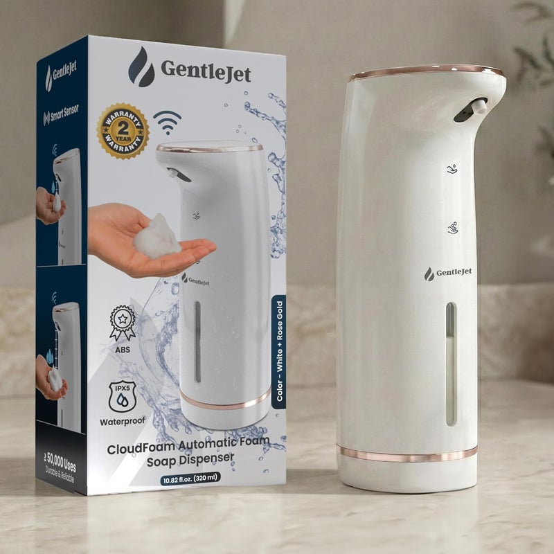 موزع الصابون الرغوي الأوتوماتيكي GentleJet CloudFoam اللاتلا��سي - قابل للشحن عبر USB Type-C، إخراج قابل للتعديل، مقاوم للماء بمعيار IPX5، تنظيف تلقائي، موزع صابون يدوي رغوي للحمام - Image 1