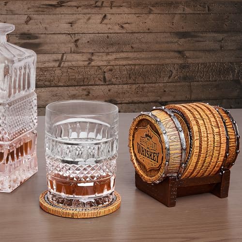 Cabin Obsession Whiskey Barrel Coaster Set – Handcrafted Whiskey Barrel Decor for Whiskey Lovers and Man Cave Gifts for Men - 6 Full Size Whiskey Coasters with Barrel Style Holder for Man Cave Décor - Image 5