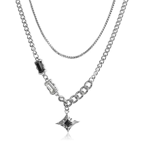 GUSTAVE® Layered Chain Necklace for Men & Women Gothic Punk Fashion Jewelry with Sparkling Black Stone, Bold Streetwear Necklace, Unisex Statement Accessory for Casual & Sweater Outfits - Image 1