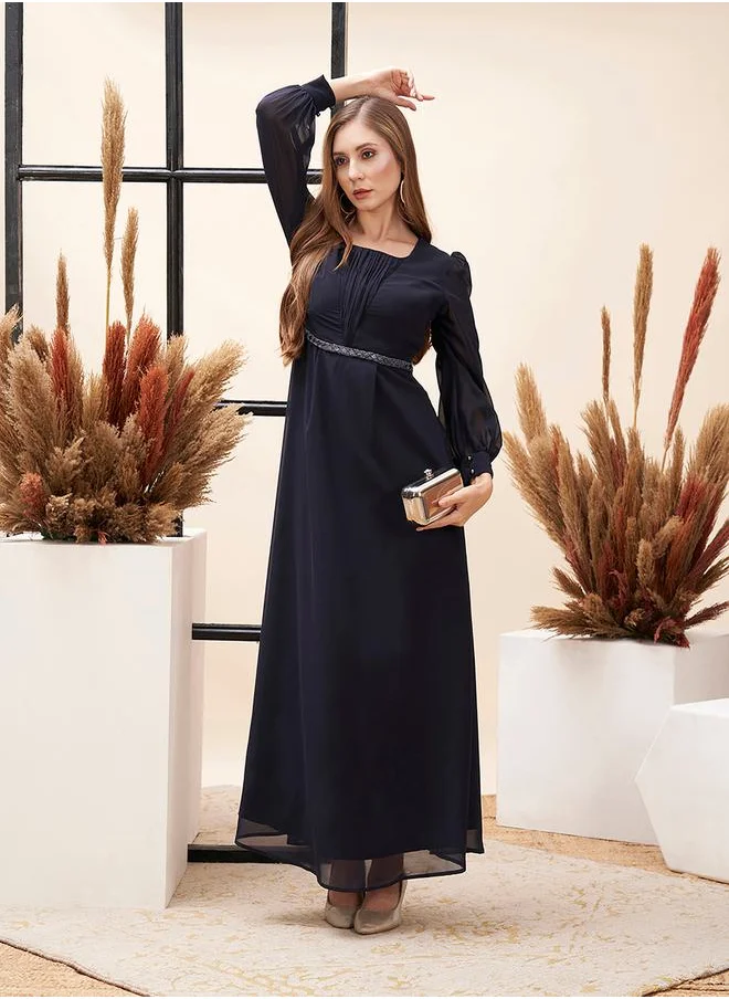 Mish Embellished Waistband Puff Sleeves Maxi Dress