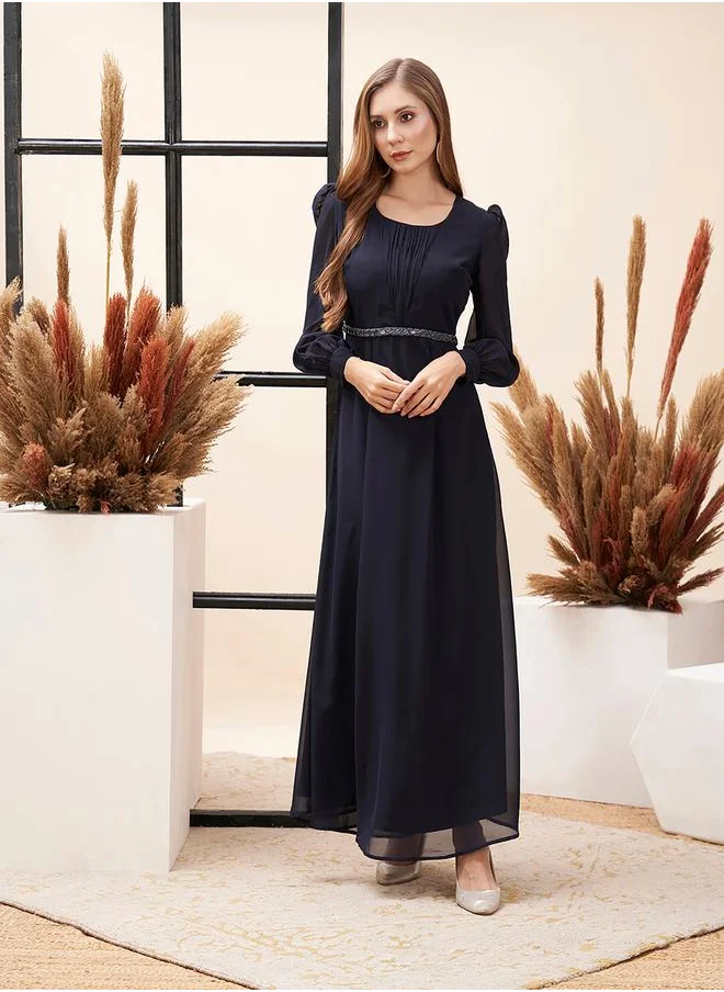 Mish Embellished Waistband Puff Sleeves Maxi Dress by Styli