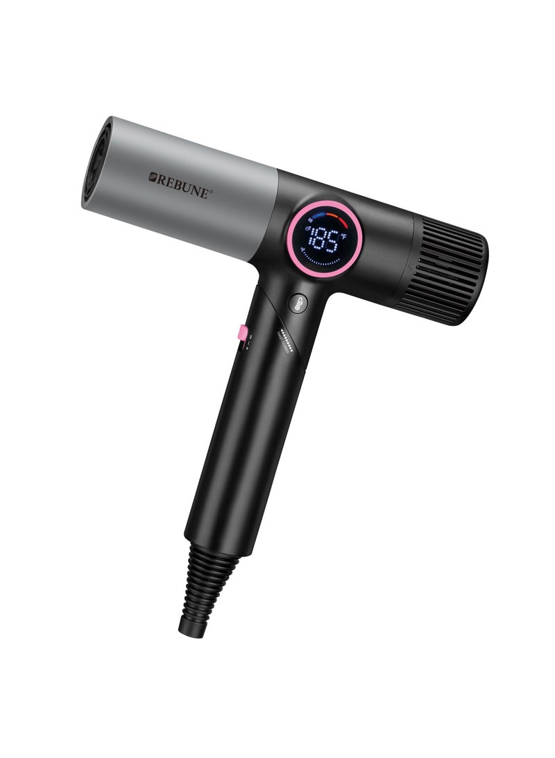 REBUNE Ionic foldable hair dryer with 1800W BLDC motor and digital display screen. BLACK - Image 1