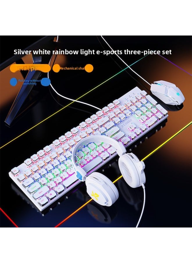 Generic E104 Mechanical Keyboard Wired Mouse Suit Retro Green Axis Computer Special Wireless Bluetooth For E-sports Games-Color:Red Axis [light Sound And Comfort] - White Upgraded Version [real Mechanical 3-piece Set] + Mouse + Headphones - Official Standard  - Image 1