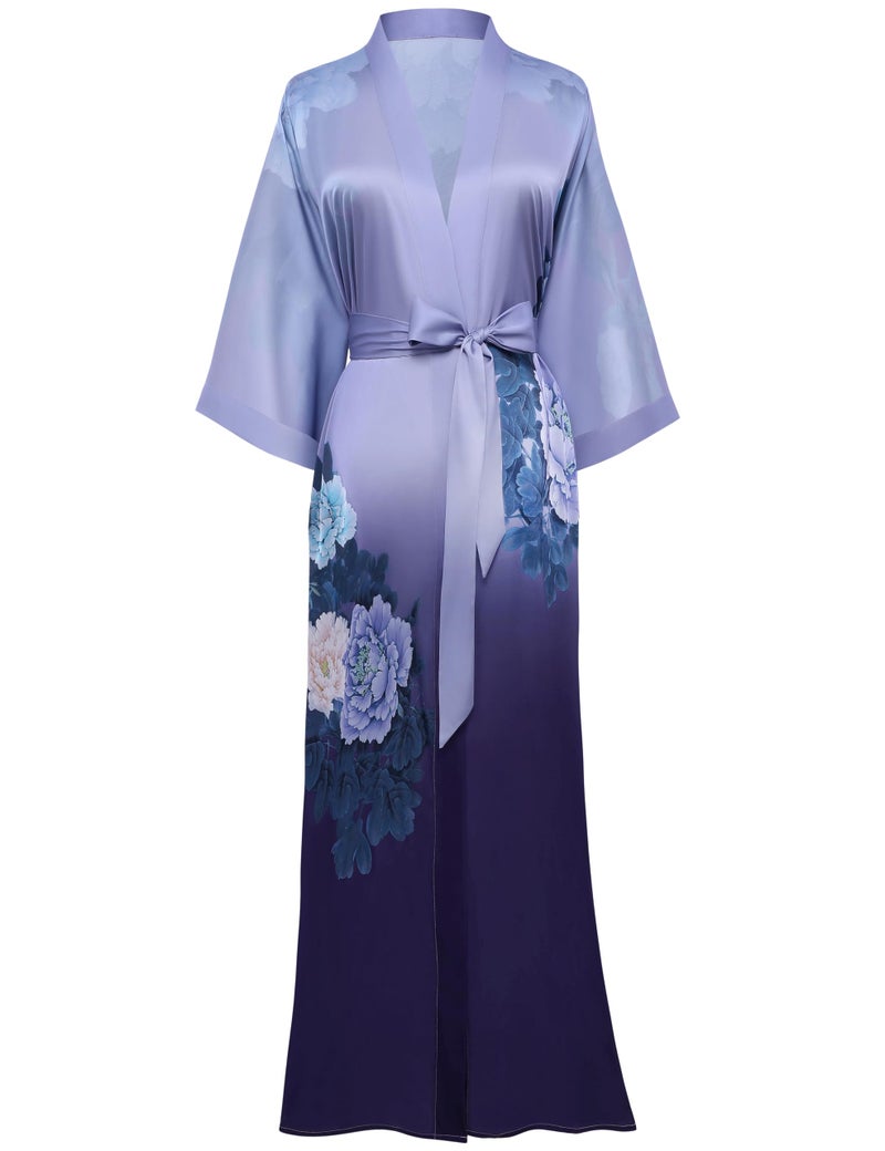 PRODESIGN Long Kimono Robe Satin Sleepwear Gradient Watercolor Silky Kimono Nightgown Bathrobe Blouse Cardigan - Image 1
