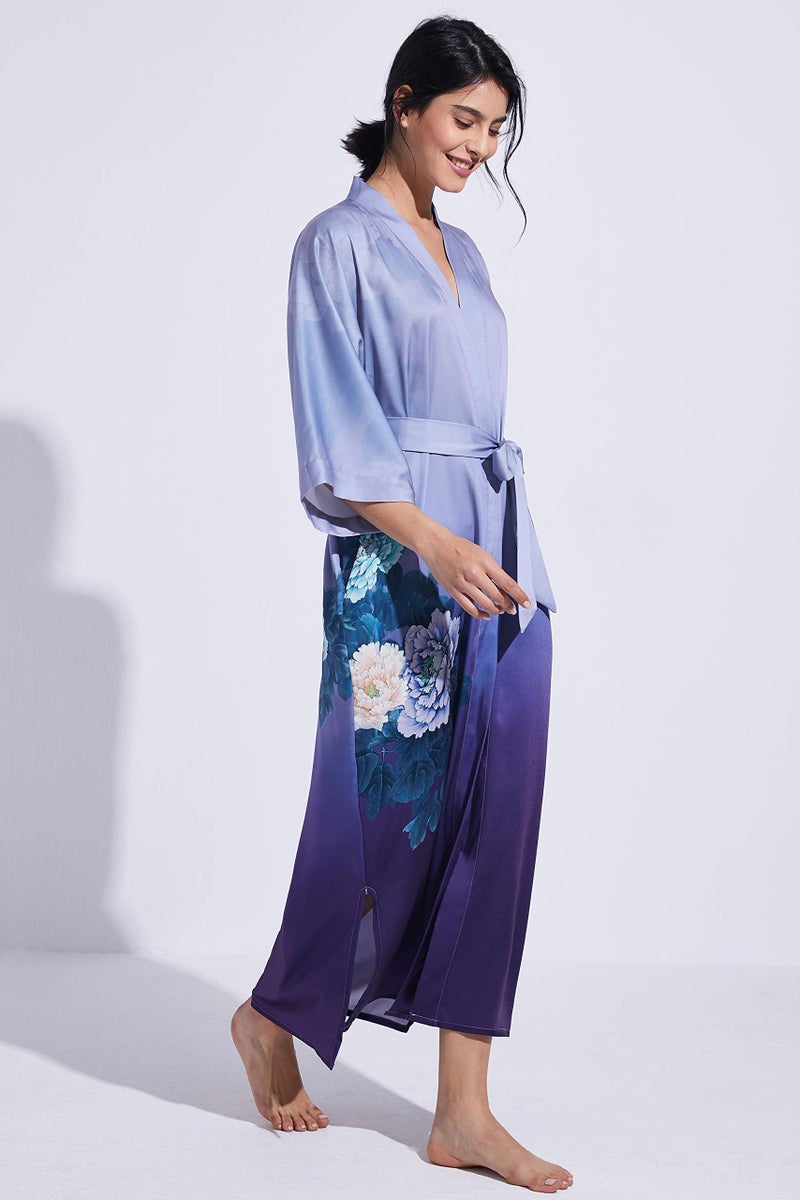 PRODESIGN Long Kimono Robe Satin Sleepwear Gradient Watercolor Silky Kimono Nightgown Bathrobe Blouse Cardigan - Image 5