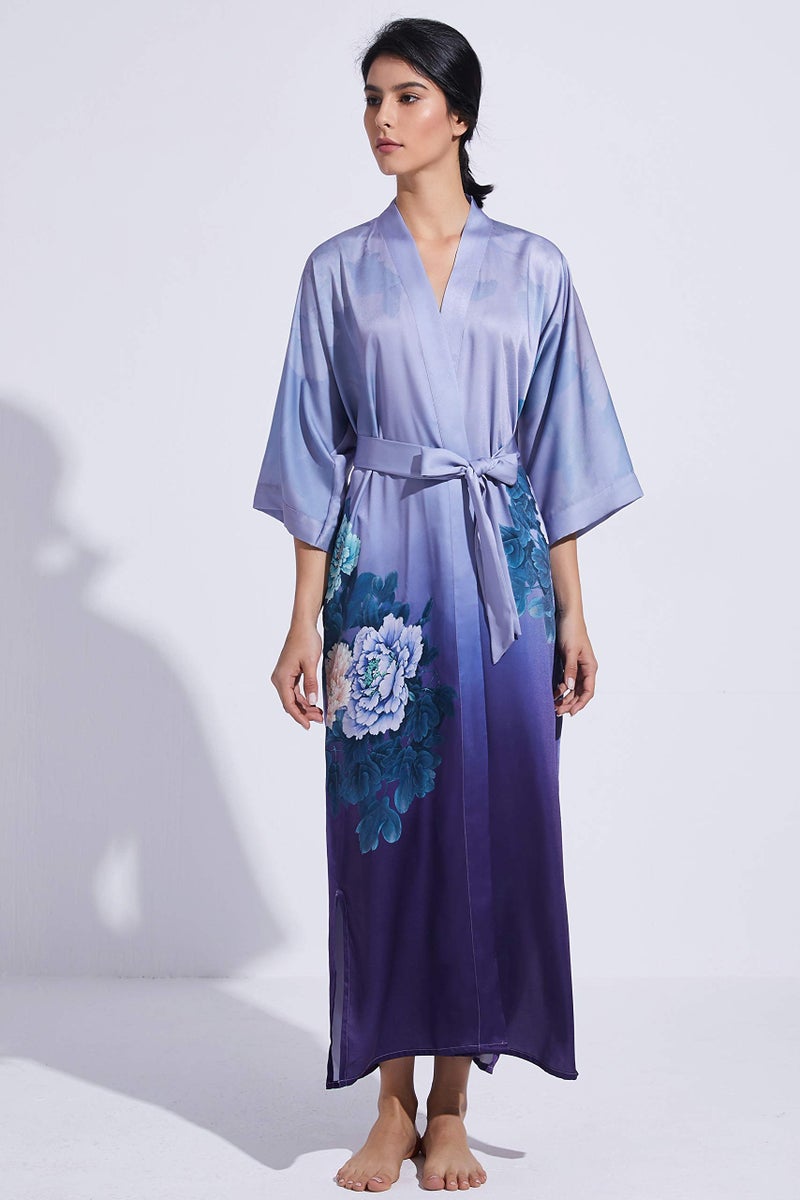 PRODESIGN Long Kimono Robe Satin Sleepwear Gradient Watercolor Silky Kimono Nightgown Bathrobe Blouse Cardigan - Image 4