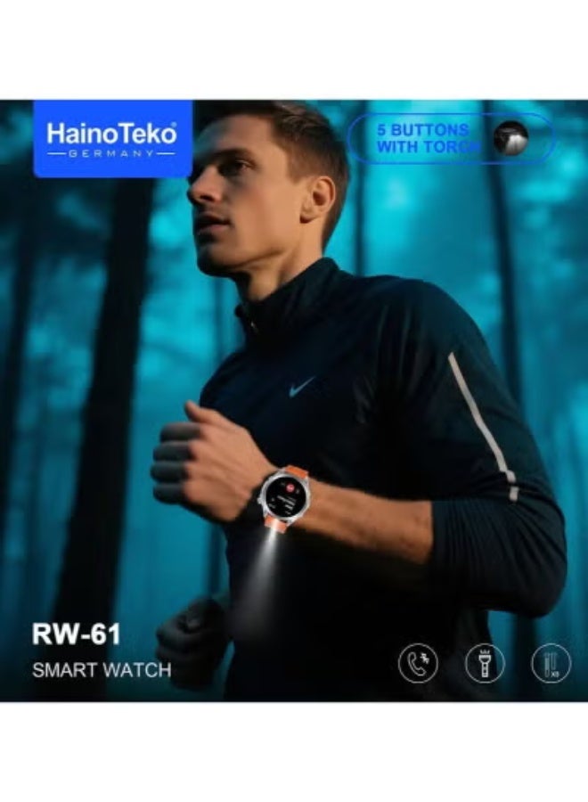 HainoTeko RW-61 Smartwatch Silver for Ladies & Gents with Round AMOLED Display, Built-In Flashlight, IP67 Waterproof Design, 3 Interchangeable Straps, Heart Rate & Sleep Monitoring, Multi-Sport Modes, Smart Notifications, Long Battery Life, Charging Cable Included, Stylish Unisex Wearable for Daily Use, Sports, Gym, and Office - Image 3