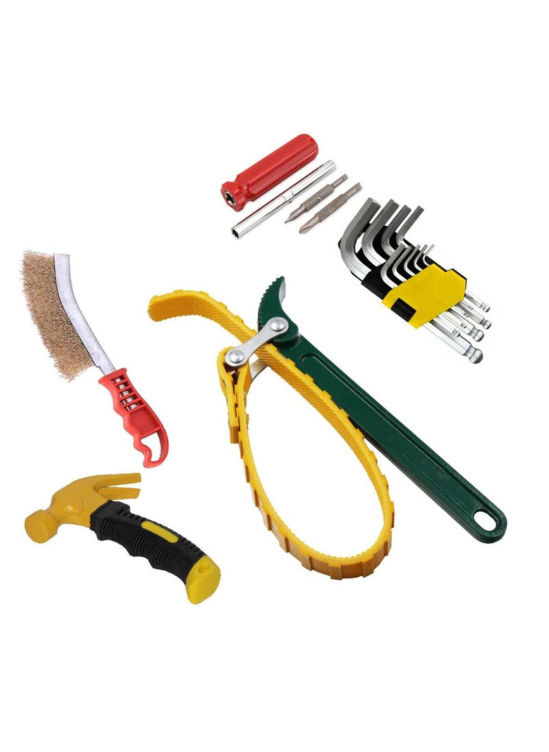 Digital Craft 5 Item Combo 9Inch Belt Type Oil Filter Wrench Auto Tool Engine Spanner Fuel Filter Yellow Green With Belt Wrench Hand Brush Mini Hammer Hex Allen Key Set 4in1 Screw Driver  - Image 1