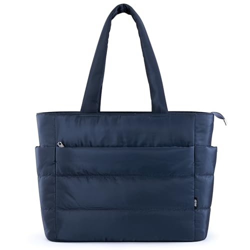 KALIDI Quilted Tote Bag, Carryall Puffer Shoulder Bag Padded Travel Large Anti Splash Zipper Casual Work Gym Women, Dark Blue - Image 1