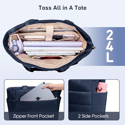 KALIDI Quilted Tote Bag, Carryall Puffer Shoulder Bag Padded Travel Large Anti Splash Zipper Casual Work Gym Women, Dark Blue - Image 3