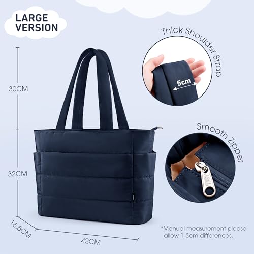 KALIDI Quilted Tote Bag, Carryall Puffer Shoulder Bag Padded Travel Large Anti Splash Zipper Casual Work Gym Women, Dark Blue - Image 5