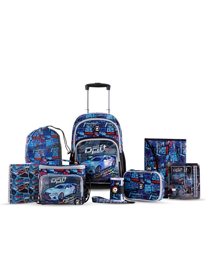 Eazy Kids 18" Set of 9 Backpack w/ 4 Wheel Trolley, Lunch Bag and Pencil Case - Car Racing - Image 1