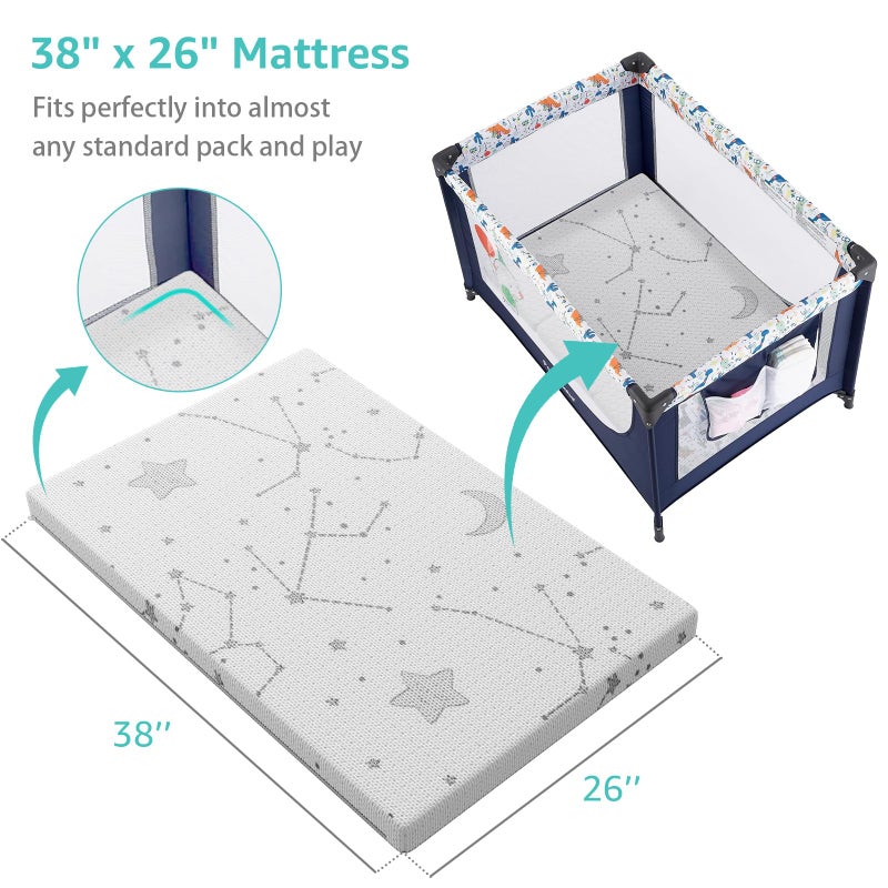 YENING Pack and Play Mattress Topper Baby Pack N Play Mattresses for Playpen and Playard with Washable Cover 38"x26"x1", 1 Pack Firm Foam - Image 2