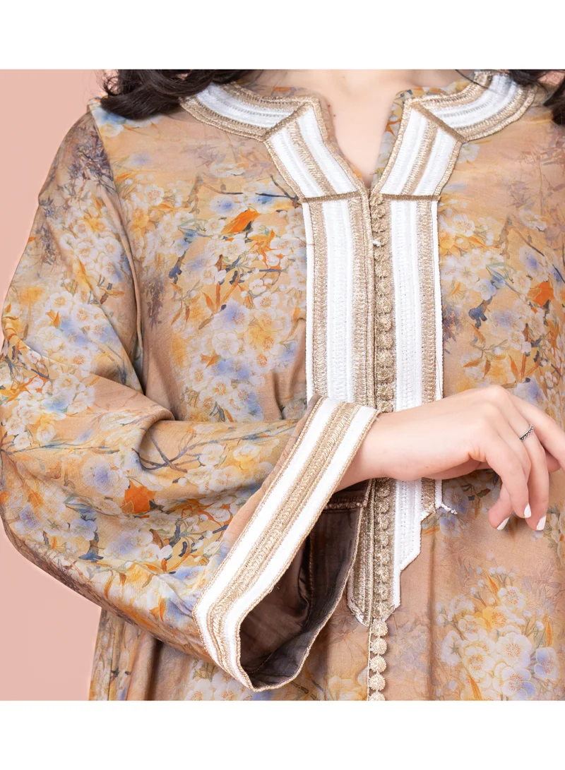 IKKXA Embroidered Floral Print Jalabiya IK1028 Beige