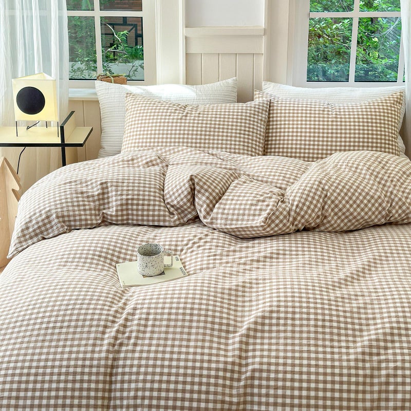 LifeTB Tan Gingham Grid Duvet Cover Queen 3 Pieces Beige Plaid Duvet Cover 100% Washed Cotton Boho Plaid Comforter Cover with 2 Pillowcases Farmhouse Checkered Gingham Bedding Set Queen - Image 1