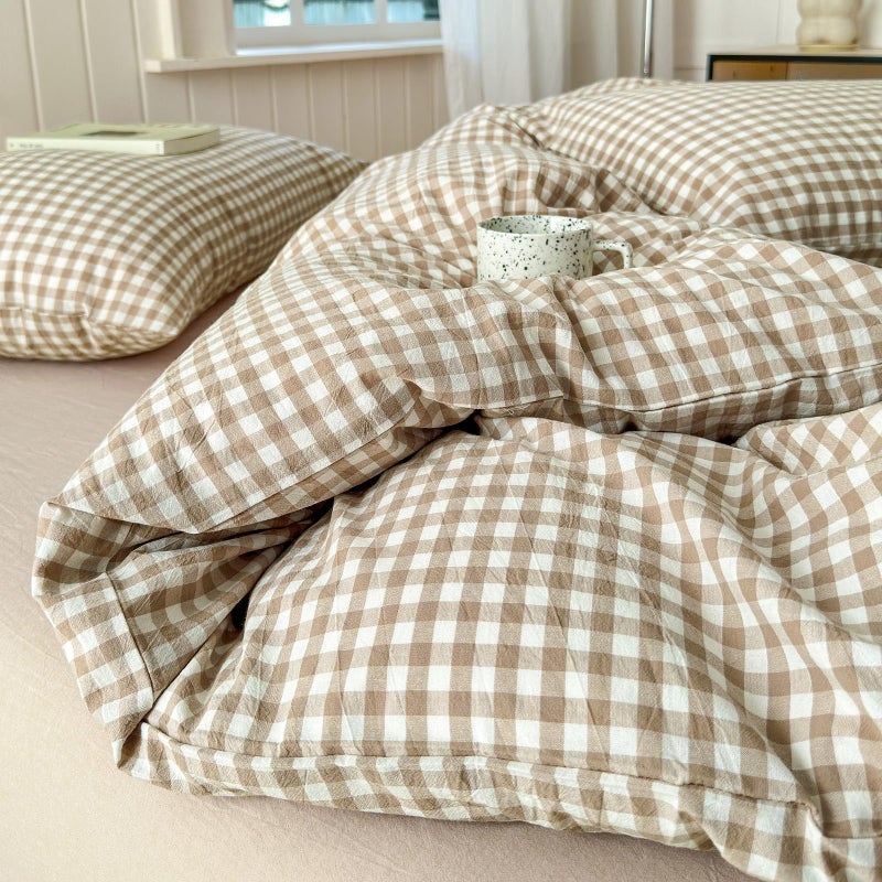 LifeTB Tan Gingham Grid Duvet Cover Queen 3 Pieces Beige Plaid Duvet Cover 100% Washed Cotton Boho Plaid Comforter Cover with 2 Pillowcases Farmhouse Checkered Gingham Bedding Set Queen - Image 5