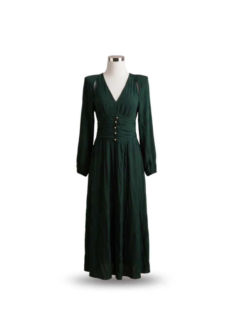 LokalMart Women's Emerald Green Maxi Dress, V-Neck Long Sleeve, Small - Image 3