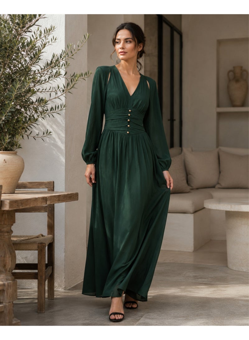 LokalMart Women's Emerald Green Maxi Dress, V-Neck Long Sleeve, Small - Image 2