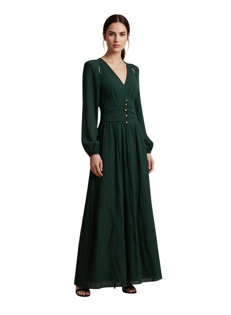 LokalMart Women's Emerald Green Maxi Dress, V-Neck Long Sleeve, Small - Image 1