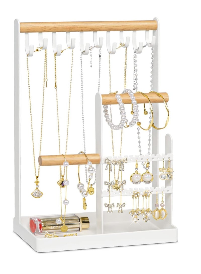 Zikra Jewelry Holder Organizer with Earring Tray and 10 Hooks 4 Tier Necklace Holder Display for Earrings Watches Bracelet Rings White - Image 1