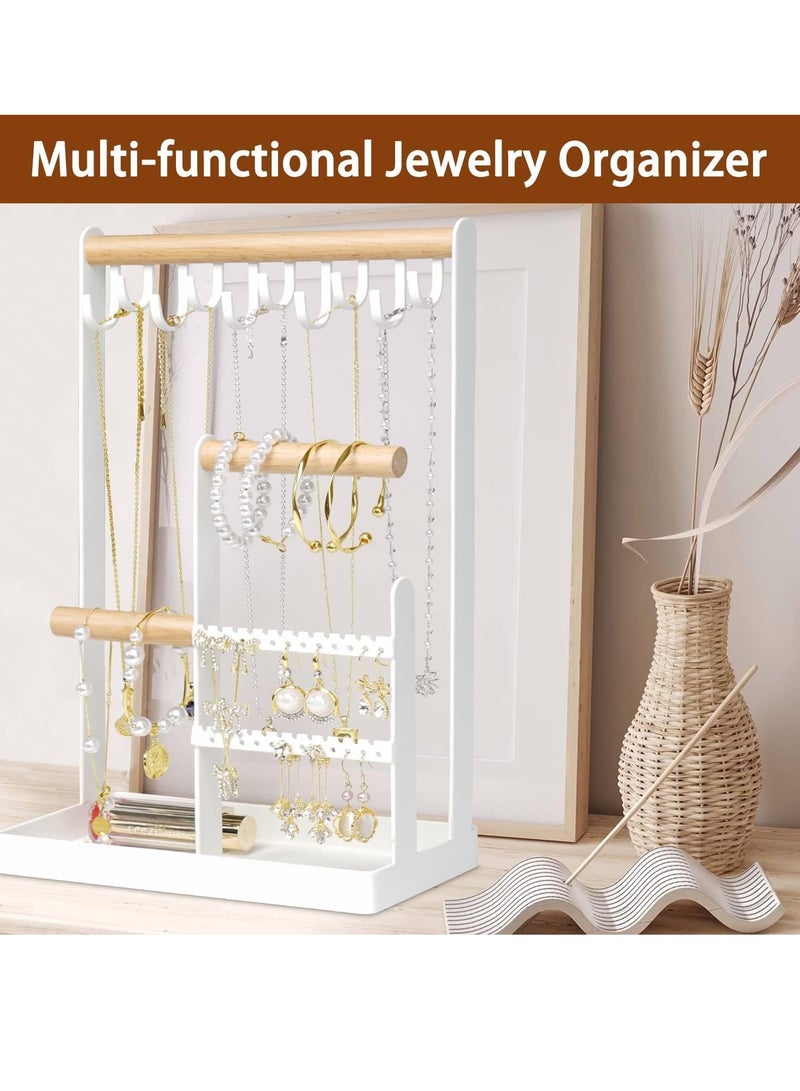 Zikra Jewelry Holder Organizer with Earring Tray and 10 Hooks 4 Tier Necklace Holder Display for Earrings Watches Bracelet Rings White - Image 3