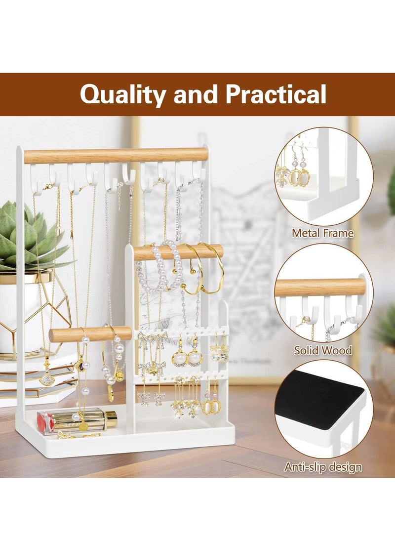 Zikra Jewelry Holder Organizer with Earring Tray and 10 Hooks 4 Tier Necklace Holder Display for Earrings Watches Bracelet Rings White - Image 4