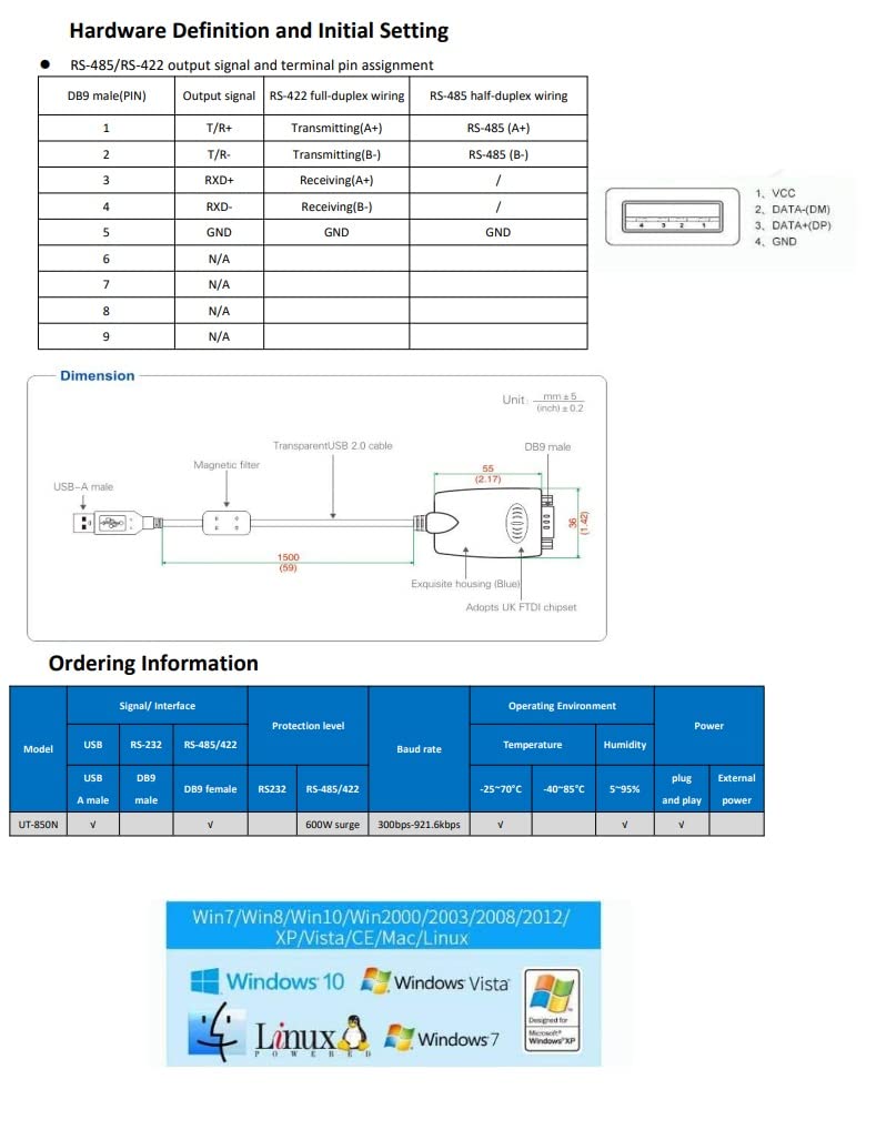 UOTEK UTEK UT-850N 1-Port USB to RS-485/422 Serial Converter with ESD Protection - Image 4