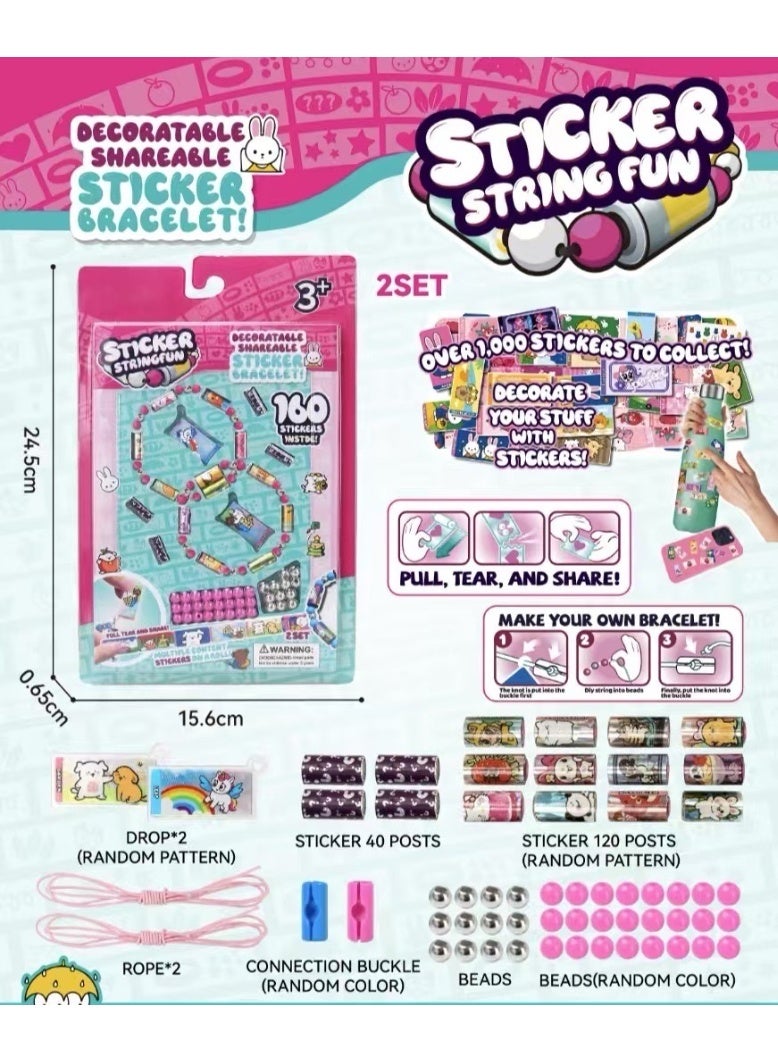 Kids Sticki Rolls Sticki Station, DIY Sticker Rolls Bracelet for Kids 160Pcs Cartoon Stickers Included, DIY Sticker Bracelet Making Kit with Spacer Beads & Charms for Children's Gift, Assorted Colours and Styles, Packaging May Vary - Image 1