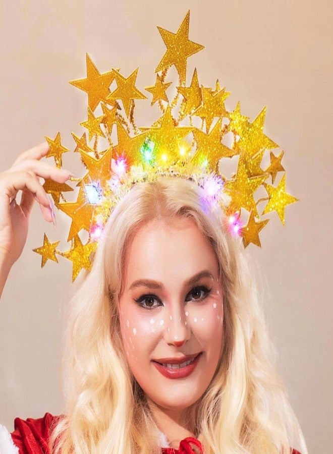 GORTIN Light up Stars Headband LED Headpiece Glowing Costume Headwear Rave Christmas Hair Accessories for Women (Gold) - Image 2