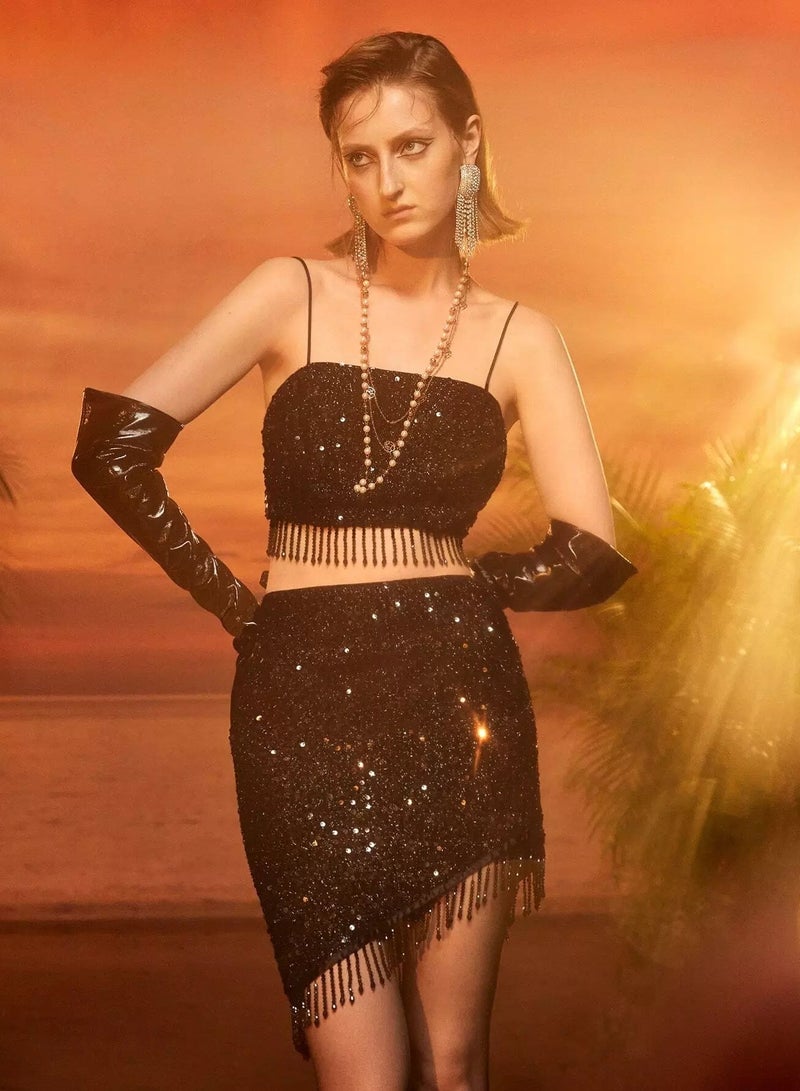 Contrast Sequin Asymmetrical Tassel Hem Skirt - Image 1