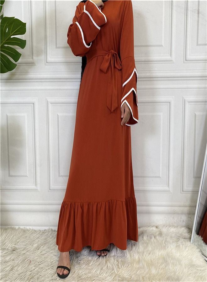 Loquat Pleated Loose Hem Muslim Fashion Dress Abaya Orange  - Image 2