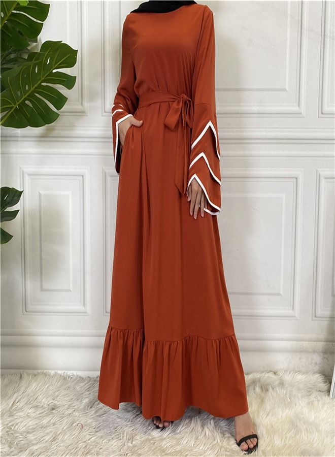 Loquat Pleated Loose Hem Muslim Fashion Dress Abaya Orange  - Image 1