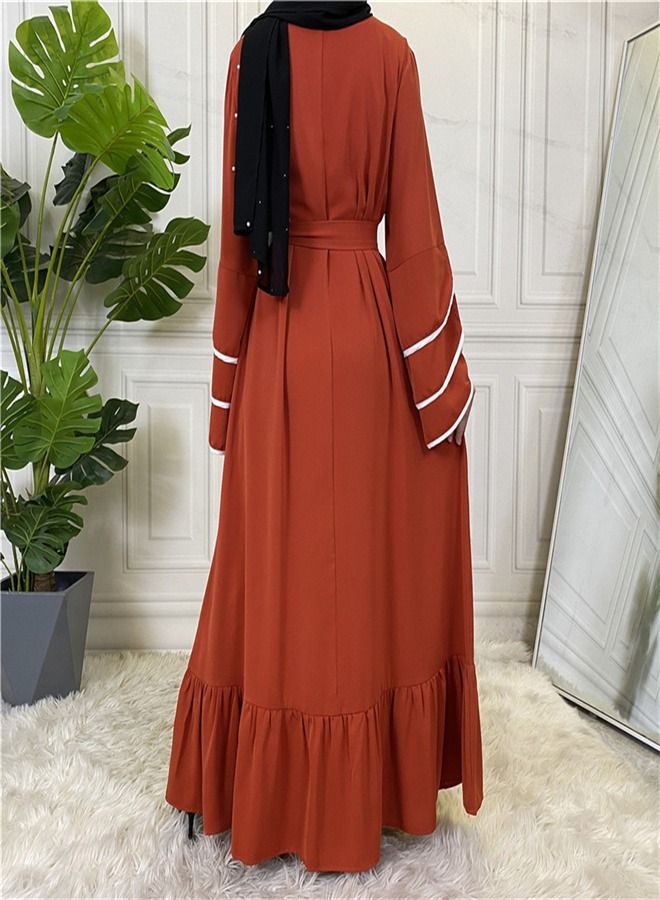 Loquat Pleated Loose Hem Muslim Fashion Dress Abaya Orange  - Image 3