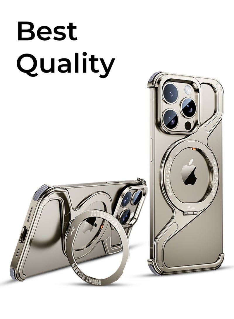 جلاسولوجي Z-Frame Borderless Case for iPhone 16 Pro Max – Gold Titanium | Aluminum Build, 360° Rotating Ring Stand, Shockproof, Lightweight, Heat-Dissipating, Wireless Charging, Tool Included - Image 5