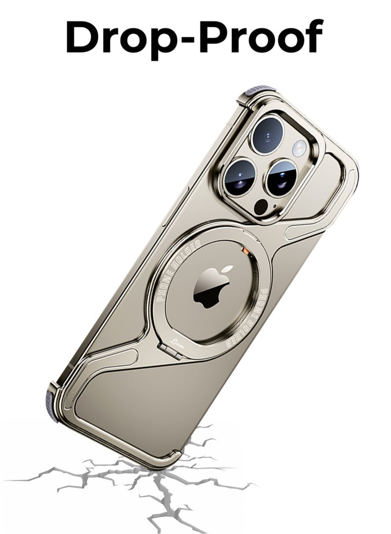 جلاسولوجي Z-Frame Borderless Case for iPhone 16 Pro Max – Gold Titanium | Aluminum Build, 360° Rotating Ring Stand, Shockproof, Lightweight, Heat-Dissipating, Wireless Charging, Tool Included - Image 4