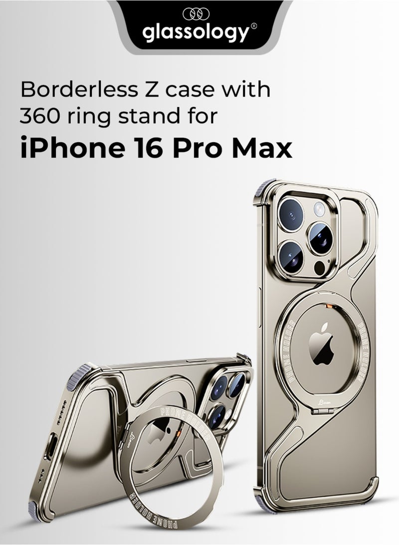 جلاسولوجي Z-Frame Borderless Case for iPhone 16 Pro Max – Gold Titanium | Aluminum Build, 360° Rotating Ring Stand, Shockproof, Lightweight, Heat-Dissipating, Wireless Charging, Tool Included - Image 1