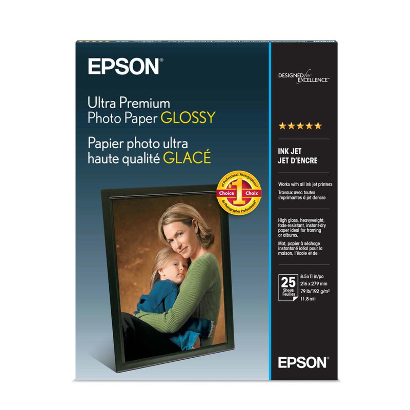EPSON ورق صور إبسون فائق الجودة لامع، بحجم رسالة، 8.5 × 11، 25 ورقة (S042182)، أبيض - Image 1