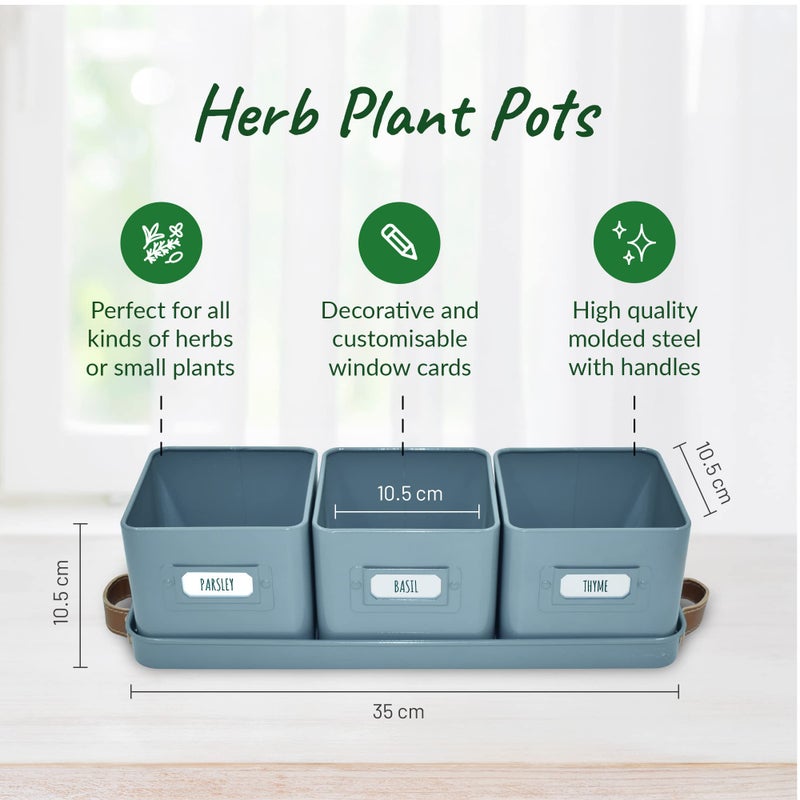 volila Herb Planter Indoor - Set of 3 Teal Blue Indoor Herb Garden Pots for Plants with Leather Handled Tray - Window Sill Plant Shelf - Herb Pots with Drainage Holes and Labels - Image 2