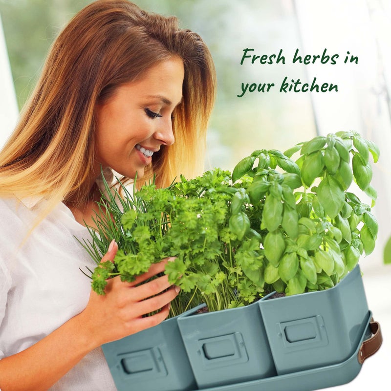 volila Herb Planter Indoor - Set of 3 Teal Blue Indoor Herb Garden Pots for Plants with Leather Handled Tray - Window Sill Plant Shelf - Herb Pots with Drainage Holes and Labels - Image 4
