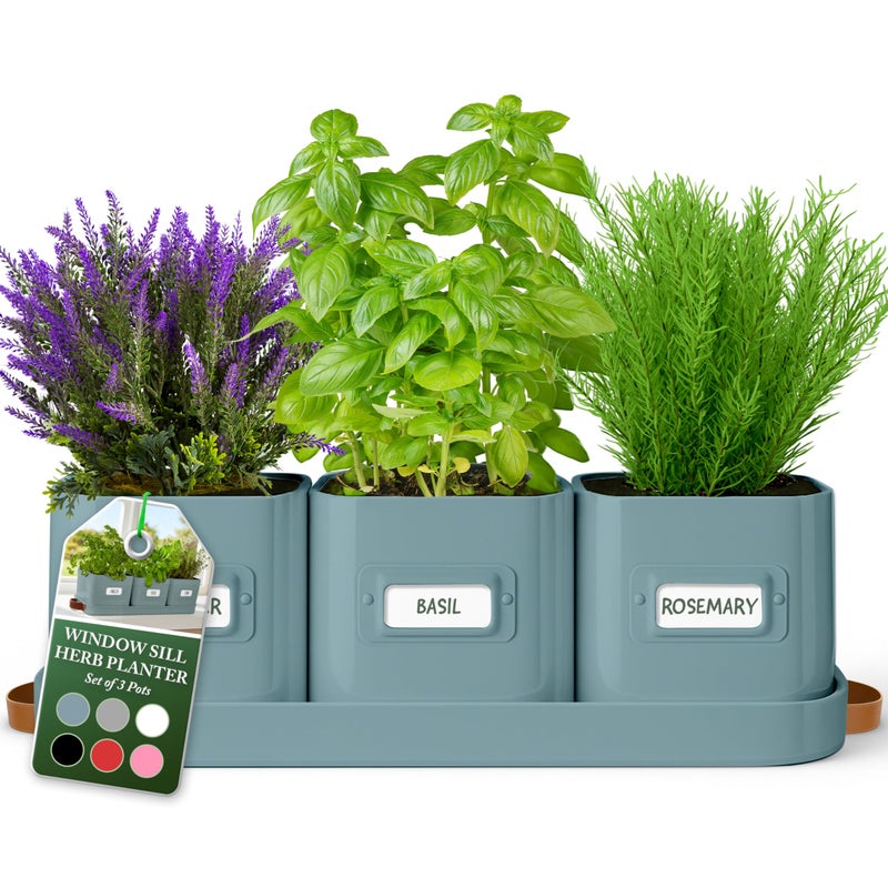volila Herb Planter Indoor - Set of 3 Teal Blue Indoor Herb Garden Pots for Plants with Leather Handled Tray - Window Sill Plant Shelf - Herb Pots with Drainage Holes and Labels - Image 1